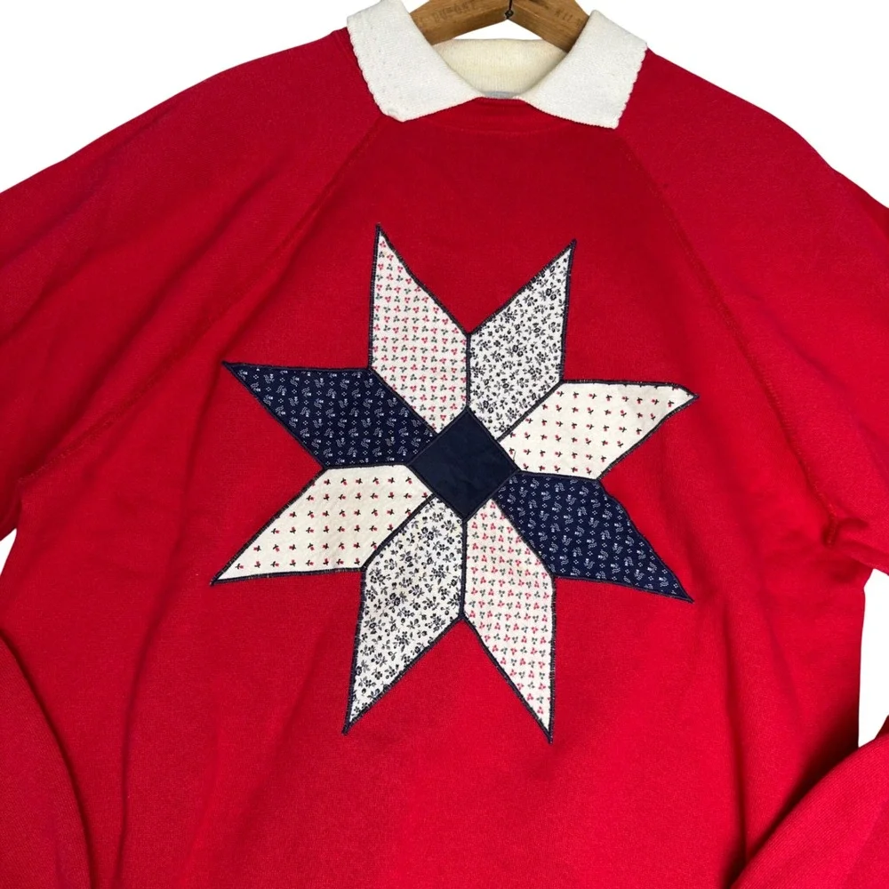 Vintage Tultex Red Sweatshirt Patchwork Star Applique White Collar USA Made L